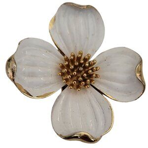 Trifari Crown Over T Gilt White Enamel Dogwood Flower Brooch, Signed, M908